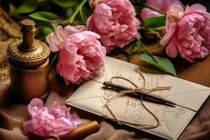 AI Generated. Antique Love Letter with Pink Peonies photo