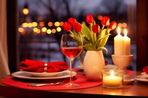 AI Generated. Candlelit Dinner Setting with Red Tulips photo