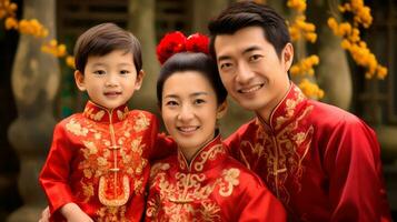 AI Generated. Family Celebrating Chinese New Year in Traditional Attire photo