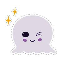 A ghost with squinted eye. Cute magical character with decorative elements. Sticker with dotted line vector