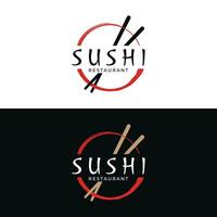 Japanese food sushi logo design with crossed chopsticks. Logo for restaurant, business, bar. vector