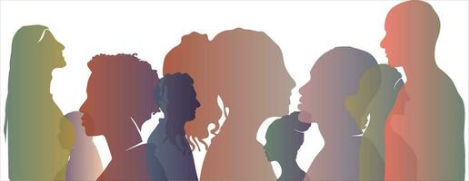 Silhouette profile group of men and women of diverse culture. Diversity multi-ethnic and multiracial people. Concept of racial equality and anti-racism. Multicultural society. Friendship vector