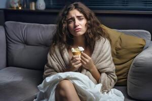 AI Generated. Heartbroken Woman Comforting Herself with Ice Cream photo