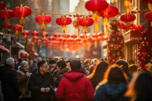 ai generado. bullicioso calle escena con rojo linternas para chino nuevo año foto