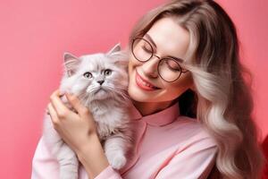 AI Generated. Smiling Woman Holding Her Fluffy Cat photo