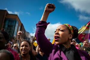 ai generado. unificado voces desafiante mujer líder un protesta foto
