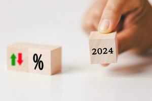2024 Business performance concept. Economic and financial analysis, rising and falling trend. Interest rate, stocks, financial, ranking, mortgage and loan rates. Percent, up or down arrow symbol icon. photo