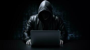 ai generado anónimo hacker en capucha utilizando ordenador portátil foto