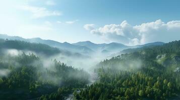 AI generated a mountain valley with trees and fog photo