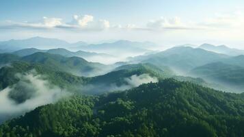 AI generated aerial view of mountains and fog in the morning photo