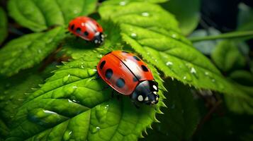 AI generated ladybugs on green leaves photo