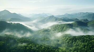 AI generated a view of the mountains and trees in the fog photo