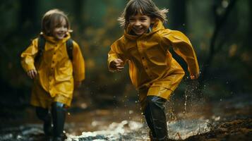 AI generated two children in yellow rain coats running through a stream photo