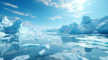 ai generado icebergs flotante en el agua con azul cielo foto