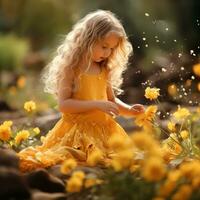 AI generated a little girl in a yellow dress is sitting on the ground with yellow flowers photo