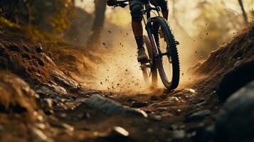 AI generated a man riding a mountain bike down a dirt road photo