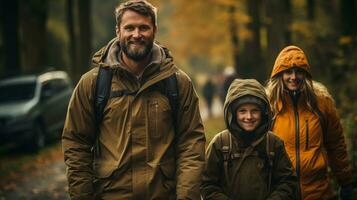 AI generated a family walking in the woods in autumn photo