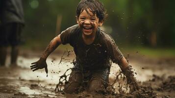 ai generado un joven chico es jugando en el barro foto