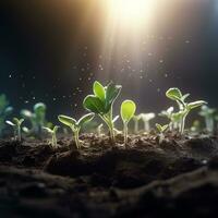 AI generated young plants sprouting from the ground in the dark photo