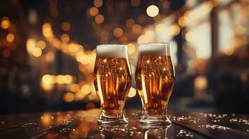 AI generated two glasses of beer on a table with bokeh lights photo