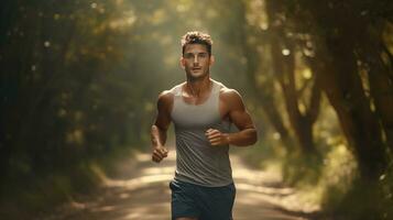 AI generated a man running in the woods photo