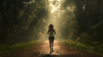 ai generado un mujer corriendo abajo un camino en el bosque foto