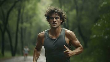 AI generated a man running in the woods photo