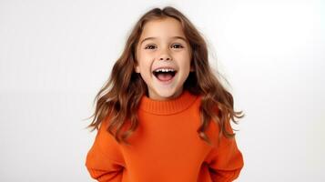 ai generado un pequeño niña en un naranja suéter es sonriente foto