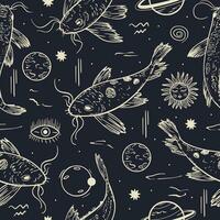 Magic pattern. Space fish. Seamless texture. The signs are magical. For your design. vector