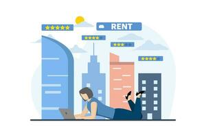 character with laptop choosing a new house to rent, person looking for an apartment, Online real estate selection or search service, Housing selection by rating, New property owner. vector