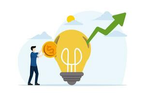 concept of investing in knowledge for more success, paying for additional learning and improving skills, Businessman inserting coins into a light bulb while skyrocketing the graph. vector