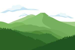 Beautiful mountain views with green views. Stunning landscape of mountains and forest silhouettes. Beautiful scenery to print. Vector illustration.