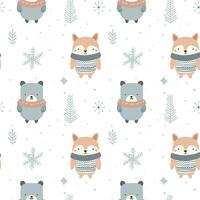 Winter seamless pattern with cute polar animals. Scandinavian Christmas vector pattern. Winter background design.