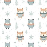 Winter seamless pattern with cute polar animals. Scandinavian Christmas vector pattern. Winter background design.