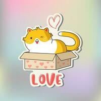 Funny cat sticker love. Cute Kawaii Cat in box. Cartoon cat sticker design. Adorable kawaii animal. vector