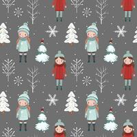 Winter seamless pattern with girls, snowy trees. Christmas vector pattern. Winter background design.