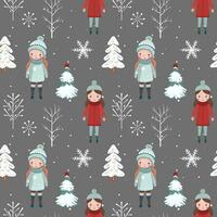 Winter seamless pattern with girls, snowy trees. Christmas vector pattern. Winter background design.