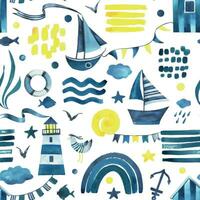 Sailing blue boats with a ribbon floating on the water with a lighthouse. Watercolor illustration hand drawn in a simple abstract childish style. Seamless pattern on a white striped background vector