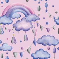 A stitched rainbow with clouds and letters BABY, garland flags, dots hanging from ropes in blue, purple and pink. Cute hand drawn watercolor illustration. Seamless pattern on a pink background vector