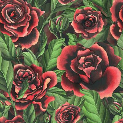 Redblack rose flowers with green leaves and buds, chic, bright, beautiful. Hand drawn watercolor illustration. Seamless pattern on a dark background, for decoration and design.