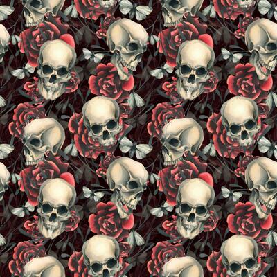 Human skulls with red roses and night moths. Hand drawn watercolor illustration. Seamless pattern