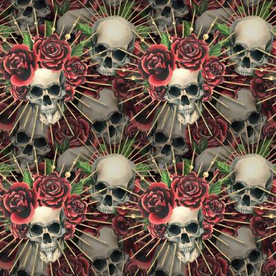 Human skulls with red roses and golden crones. Hand drawn watercolor illustration. Seamless pattern
