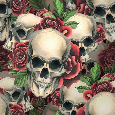 Human skulls with red roses and leaves. Hand drawn watercolor illustration. Seamless pattern