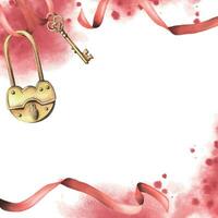 For Valentine s Day, a template with a key and lock, ribbons, splashes. Hand drawn watercolor illustration. Frame, board on a white background vector