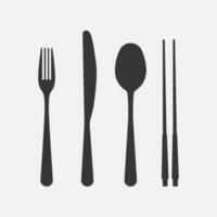 Cutlery black icon set. Fork, knife, chopsticks, spoon. Vector