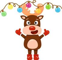 Illustration with cute cartoon reindeer Rudolf with a garland. Element for print, vector