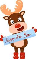 Illustration with cute cartoon reindeer Rudolf with Happy New Year greeting vector