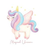 linda unicornio con ala mágico poni acuarela soñador guardería Arte ilustración. mágico unicornio. vector