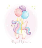 linda unicornio con ala flotante por globos acuarela guardería Arte ilustración. mágico unicornio. vector