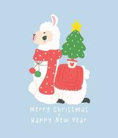 Cute Christmas llama greeting card in winter theme, kawaii Happy New Year cartoon Animal hand drawing illustration vector